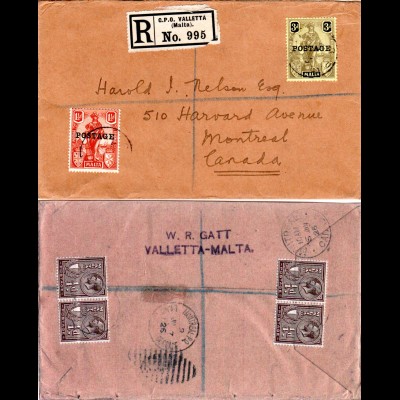 Malta 1926, 6 Marken vorder- u. rückseitig auf Reko Brief n. Canada
