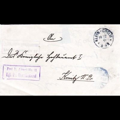 DR 1911, Frei lt. Avers No. 21 Kgl. Pr. Oberförsterei auf Brief v. Klein-Chelm