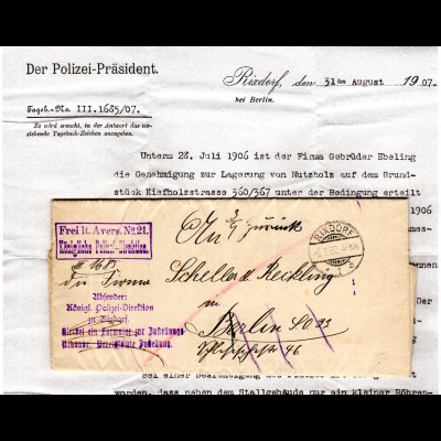 DR 1907, Frei lt. Avers No. 21 Kgl. Polizei-Direktion auf Brief v. Rixdorf 