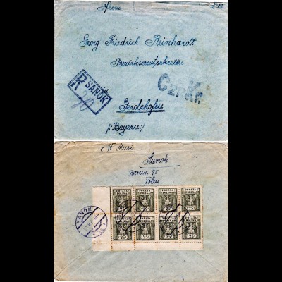 Polen 1920, Bogenecke 8er-Block 25 F. rücks. auf Reko Brief v. Sanok n. Bayern