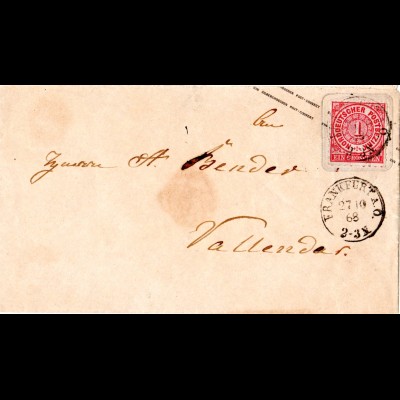 NDP 1868, 1 Gr./1 SGr. Ganzsache Brief m. K1 FRANKFURT A.O.