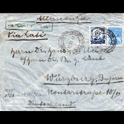 Brasilien 1941, 400+5000 R. auf LATI Luftpostbrief v. S. Paulo n. Deutschland