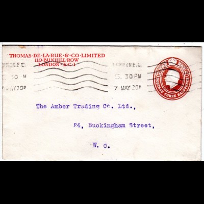 GB 1920, 1 1/2d Ganzsachenumschlag m. Zudruck Thomas De La Rue & Co. London