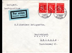 Finnland 1938, MeF 3x2 MK. auf Flugpost Brief v. LOIMAA n. Leipzig