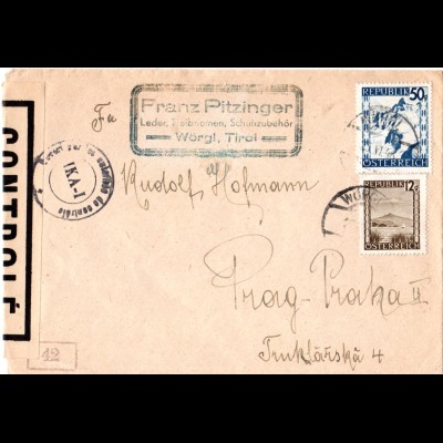 Österreich 1946, 12+50 Gr. auf Zensur Brief v. Wörgl i.d. Tschechoslowakei