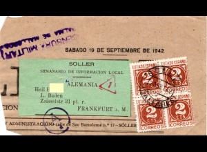 Spanien 1942, 4er-Block 2 C. auf Zeitungsteil m. Zensur v. SOLER n. Deutschland