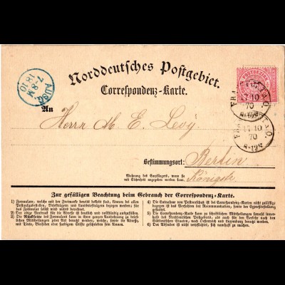 NDP 1870, 1 Gr. auf Correspondenz-Karte v. K1 FRANKFURT A.O.