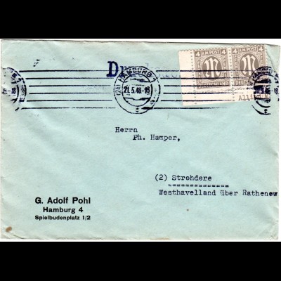 1946, MeF Eckrandpaar 4 Pf. auf Drucksache Brief v. Hamburg. (Kat. 280.-€)