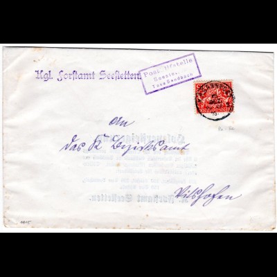 Bayern 1915, Posthilfstelle Seestetten Taxe Sandbach auf Dienst Brief m. 15 Pf.