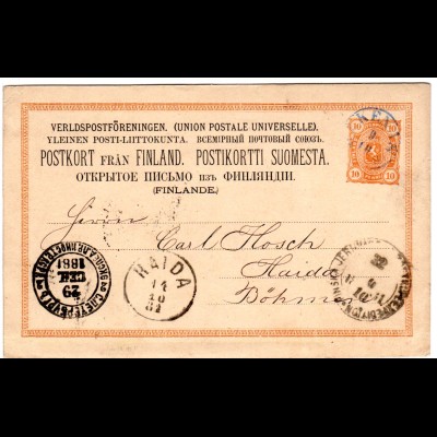 Finnland 1881, blauer Fingerhut Stpl. EKENÄS auf 10 P. Ganzsache n. Österreich.