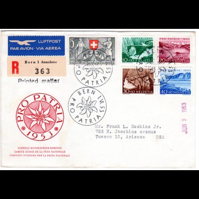 Schweiz, FDC Pro Patria 1953 per Einschreiben Luftpost v. Bern n. USA 