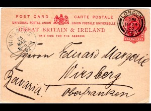 Bayern 1902, Oberfranken-K1 WIRSBERG klar auf 1d GB Ganzsache v. London