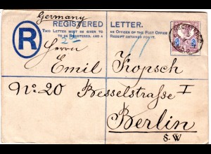 GB 1891, 5d Zusatzfr. auf Einschreiben Ganzsache Brief n. Deutschland