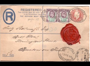 GB 1905, Paar 1 1/2d Zusatzfr. auf Einschreiben Ganzsache Brief v. GRACECHURCH