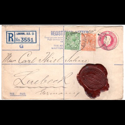 GB 1934, 1/2+2d Zusatzfr. auf Einschreiben Ganzsache Brief v. London n. Lübeck