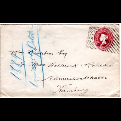 GB 1889, 21/2d Privat Ganzsache Brief m. Hoster Maschinenstempel n. Deutschland