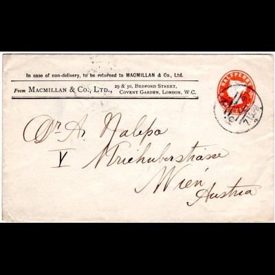 GB 1897, 1/2d Macmillan & Co. Privat Ganzsache Brief v. London n. Österreich