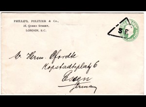 GB, 1/2d Privat Ganzsache Brief m. SE Drucksachen Stempel n. Deutschland