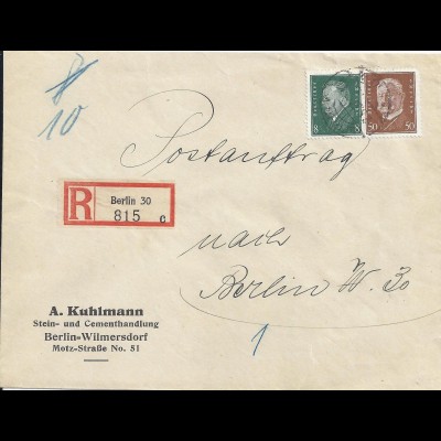 DR 1933, 58 Pf. Orts Einschreiben Postauftrag Brief v. Berlin. Portorichtig!