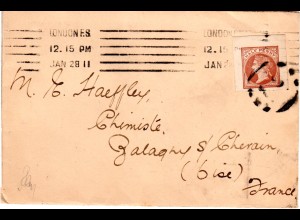 GB 1911, Ganzsachenausschnitt 1/2d auf Drucksache Brief v. GB n. Frankreich