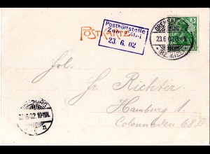 DR 1902, Posthilfstelle zum Uglei auf AK m. 5 Pf. Germania u. Stpl. Gremsmühlen
