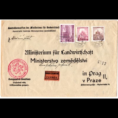 Böhmen u. Mähren 1941, 1+1,20+3 K. auf Ministeriums Express Brief v. MALESOV