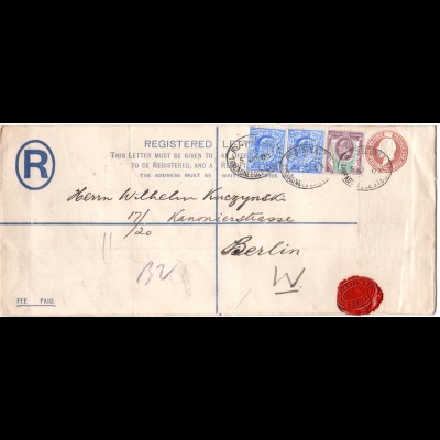 GB 1903, 3 Marken Zusatzfr. auf gr. Einschreiben Ganzsache Umschlag n. Bayern