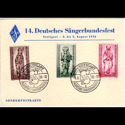 BRD 1956, Stuttgart 14. Dt. Sängerbundfest auf Ereigniskarte m. 3 Berlin Marken