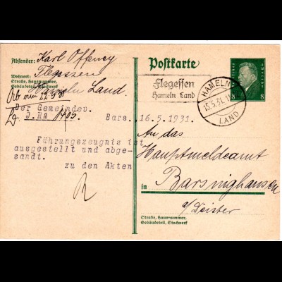 DR 1931, FLEGESSEN Hameln Land, Landpost Stpl. auf 8 Pf. Ganzsache 