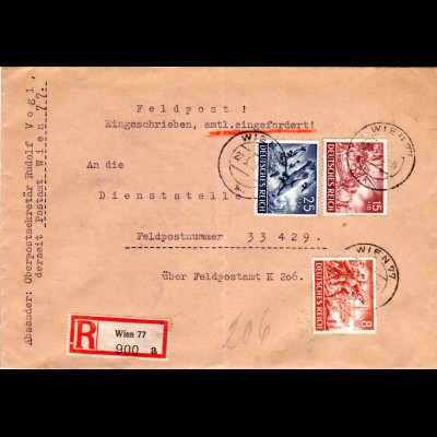 Feldpost WK II 1943, 3 Marken auf Reko FP-Brief an FP Nr. 33429 üb. FPAmt K 206