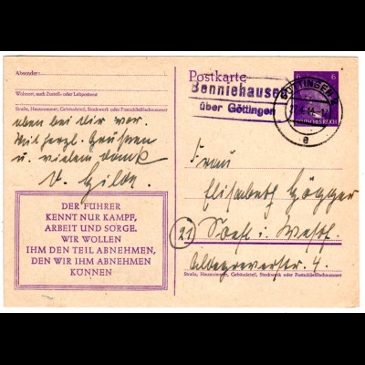 DR 1944, BENNIEHAUSEN über Göttingen, Landpost Stpl. auf Ganzsache