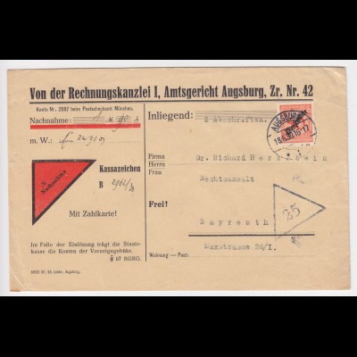 DR 1930, Augsburg, Nachnahme Brief m. EF 50 Pf. Dienstmarke n. Bayreuth. #759