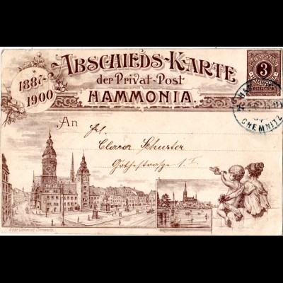 Private Stadtpost Chemnitz 1900, gebr. 3 Pf. Hammonia Abschiedskarte