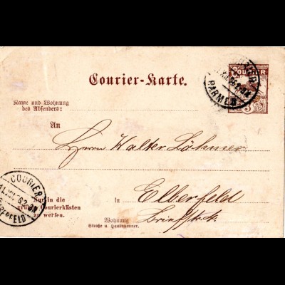 Private Stadtpost Barmen Elberfeld 1896, gebr. 3 Pf. Courier Ganzsachenkarte 