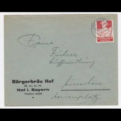 DR 1934, Bürgerbräu Hof, Firmen Brief m. 12 Pf. Thematik Brauerei Bier. #2127