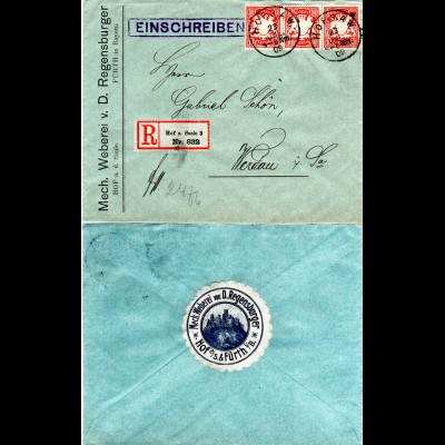 Bayern 1909, 3er-Streifen 10 Pf. auf Firmen Reko Brief v. Hof m. rs. Vignette
