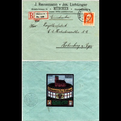 Bayern 1914, EF 30 Pf. auf Firmen Brief v. München 26 m. rs. Reklame Vignette