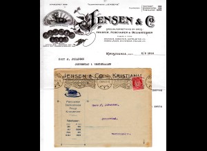 Norwegen 1914, 10 öre auf Firmen Reklame Brief Jensen & Co. Kristiania