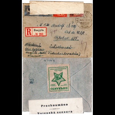 Finnland 1919, Paar 25+10+40 P. auf Einschreiben Zensur Brief HUMPPILA-CSSR