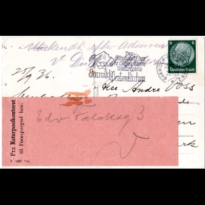 Dänemark 1936, Retour Etikett auf DR Postkarte v. Garmisch n. Kopenhagen