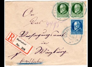 Bayern 1919, 2x7 1/2+20 Pf. auf Einschreiben Brief v. ZAPFENDORF n. Würzburg