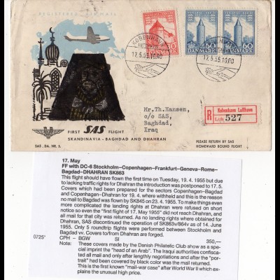 Dänemark 1955, Reko Erstflug Brief Etappe Kopenhagen-Bagdad Iraq. RR!