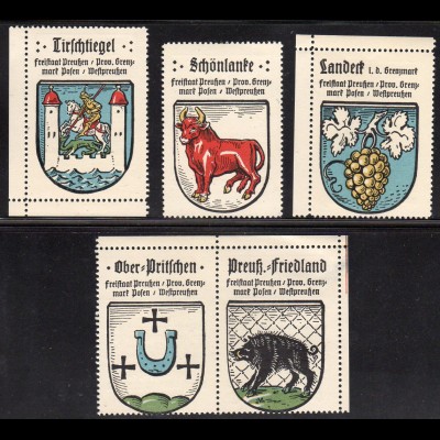 Wappen Friedland, Landeck, Pritschen, Schönlanke.., 5 Westpreussen Sammelmarken