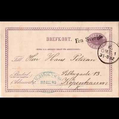 Schweden 1882, Schiffspost-L1 Fra Sverige auf 6 öre Ganzsache v. Malmö n. DK