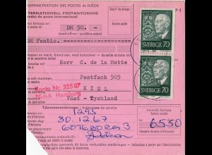 Schweden 1968, MeF Paar 70 öre auf Internationaler Postanweisung n. Kiel