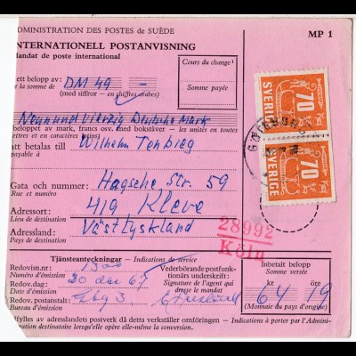 Schweden 1968, MeF Paar 70 öre auf Internationaler Postanweisung n. Kleve