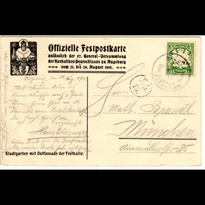 Bayern 1910, Sonderstempel AUGSBURG KATHOLIKENTAG auf offizieller Karte m. 5 Pf.