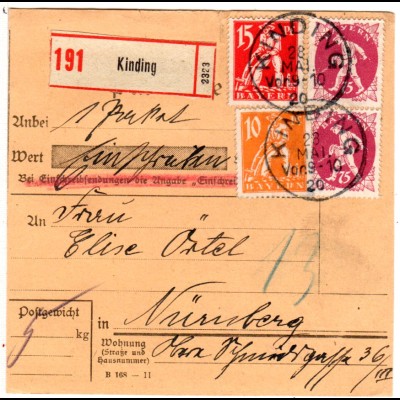 Bayern 1920, 10+15+Paar 75 Pf. Abschied auf Wert Paketkarte v. KINDING. Geprüft