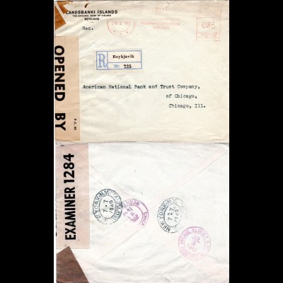 Island 1940, WW II Bank Einschreiben Brief v. Reykjavik m. Zensur n. USA