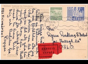 Schweden 1946, 90+5 öre auf Express Postkarte v. Stockholm n. Norwegen